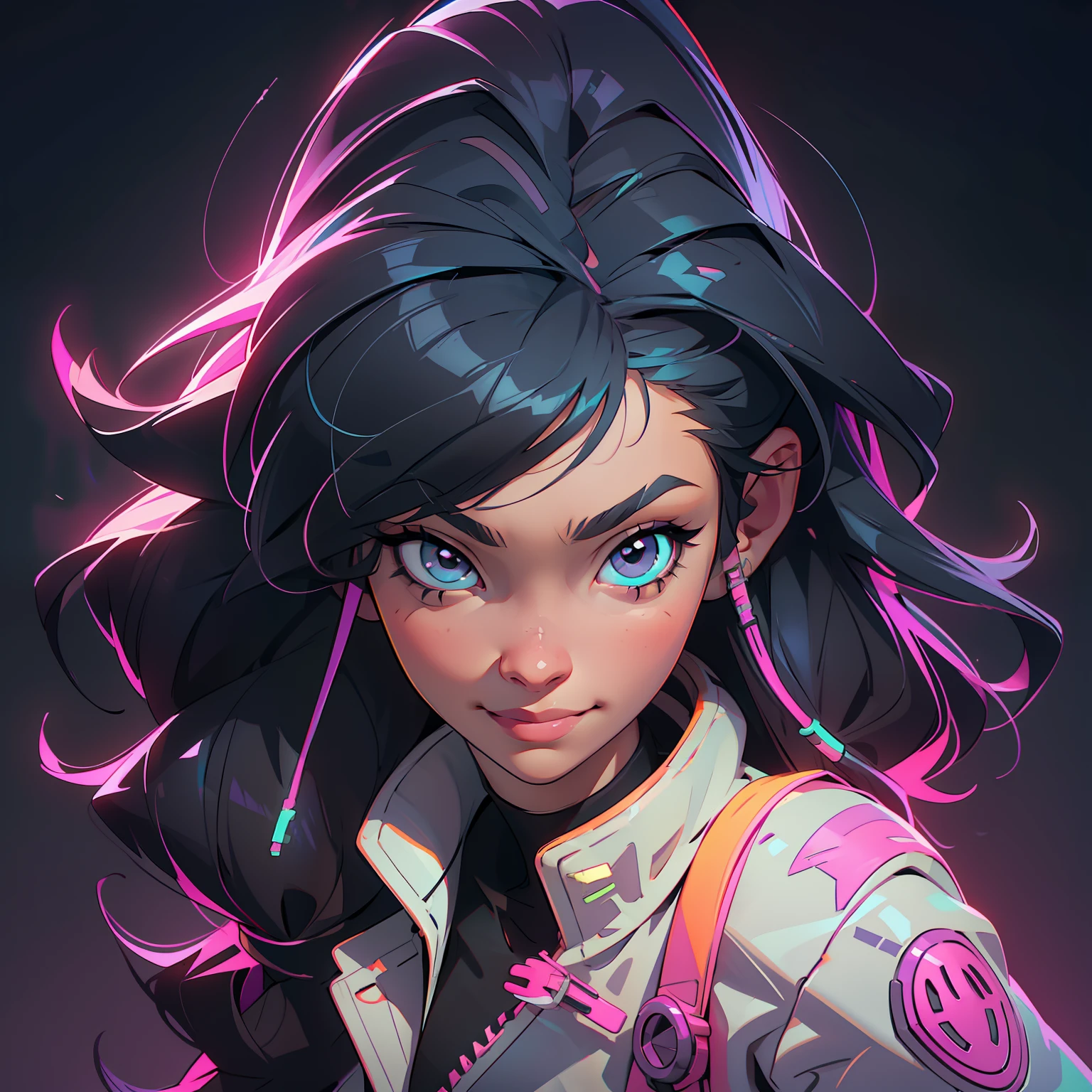 Create a girl with long messy black hair and brown eyes, smiling, gamer,, monitor, night time, good quality, perfect anatomy, 8k, masterpiece, by (Holaxes), long hair, messy hair, neon, headphones, cyberpunk, neon purple, neon yellow, neon blue, cyberwave, best Character Design