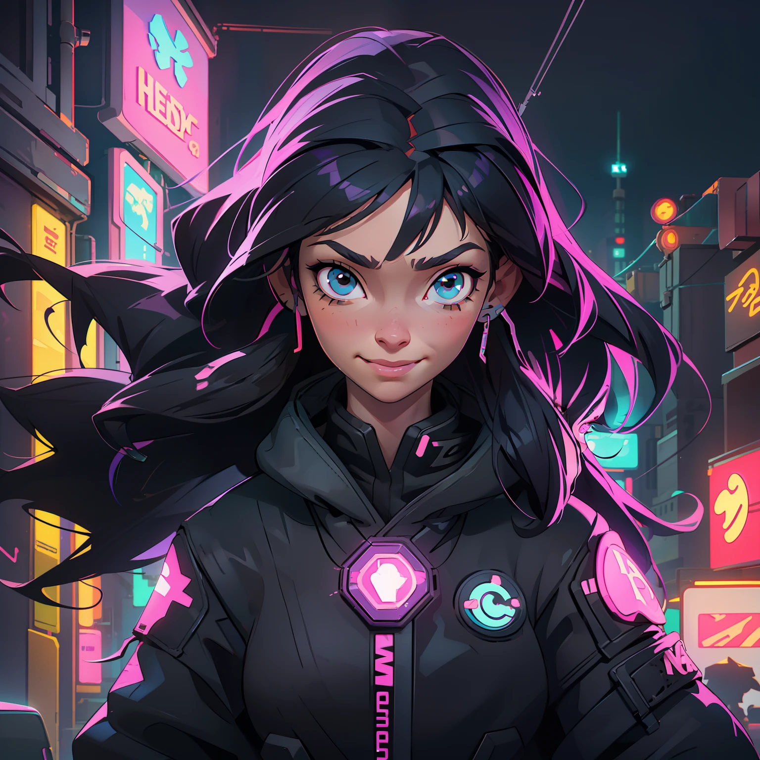 Create a girl with long messy black hair and brown eyes, smiling, gamer,, monitor, night time, good quality, perfect anatomy, 8k, masterpiece, by (Holaxes), long hair, messy hair, neon, headphones, cyberpunk, neon purple, neon yellow, neon blue, cyberwave, best Character Design