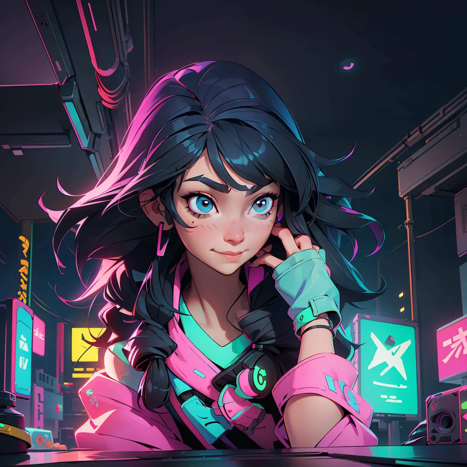 Create a girl with long messy black hair and brown eyes, smiling, gamer,, monitor, night time, good quality, perfect anatomy, 8k, masterpiece, by (Holaxes), long hair, messy hair, neon, headphones, cyberpunk, neon purple, neon yellow, neon blue, cyberwave, best Character Design