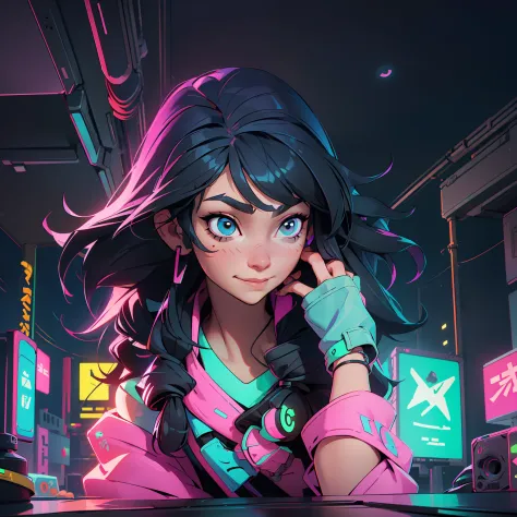 Create a girl with long messy black hair and brown eyes, smiling, gamer,, monitor, night time, good quality, perfect anatomy, 8k...