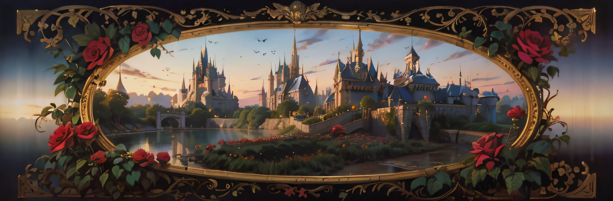 Imagem minimalista de um castelo com rosas vermelhas em primeiro plano, arte disney, Castelo bonito, magic castle, Fundo Disneyland, arte conceitual disney, arte de conto de fadas, pintura de conto de fadas, moldura dourada com rosas vermelhas, fantasia, Greg Hildebrandt altamente detalhado, fantasia arte vitoriana, beautiful render of a fairytale