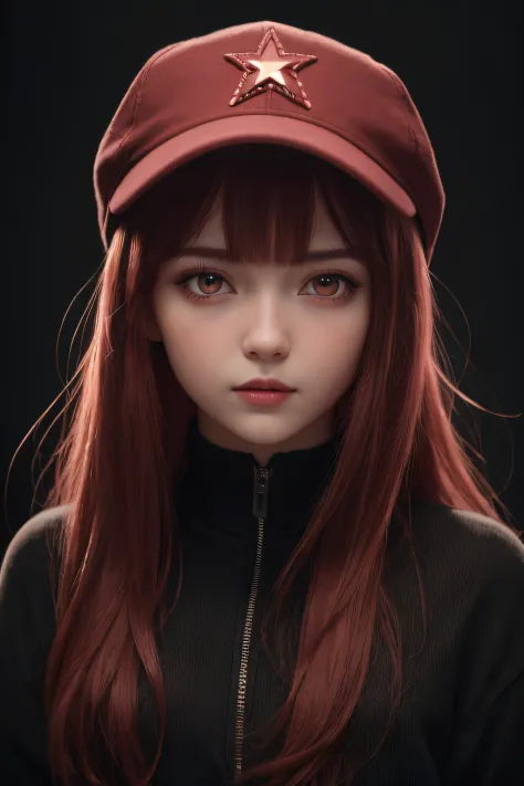 (1girll, star eye, Blush, lighting perfect, redheadwear, red eyes, unreal-engine, side-lighting, The face is detailed, By bangs, Brighten skin tone, minimalistic background, deep dark background)