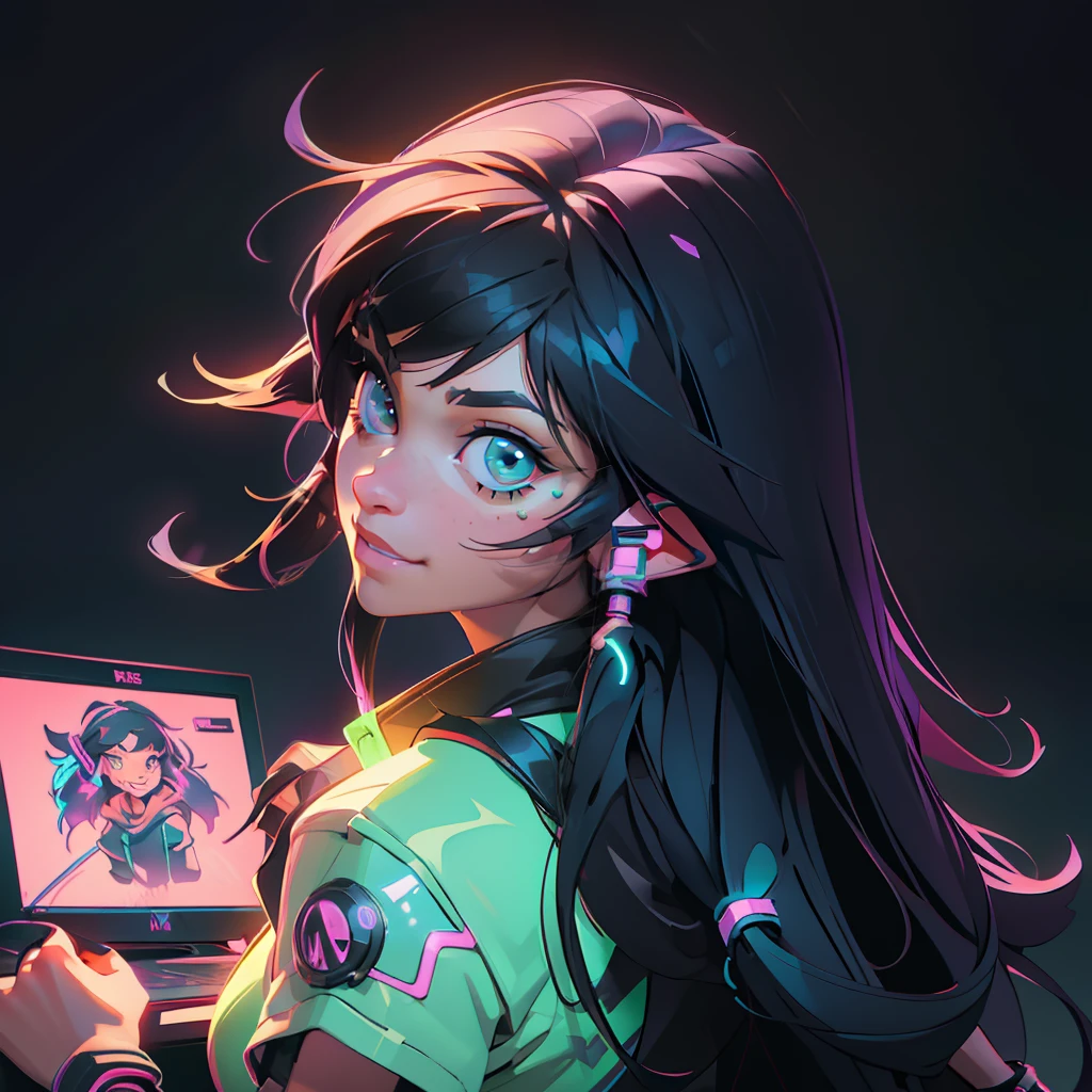 Create a girl with long messy black hair and brown eyes, smiling, gamer,, monitor, night time, good quality, perfect anatomy, 8k, masterpiece, by (Holaxes), long hair, messy hair, neon, headphones, cyberpunk, neon purple, neon yellow, neon blue, cyberwave, best Character Design