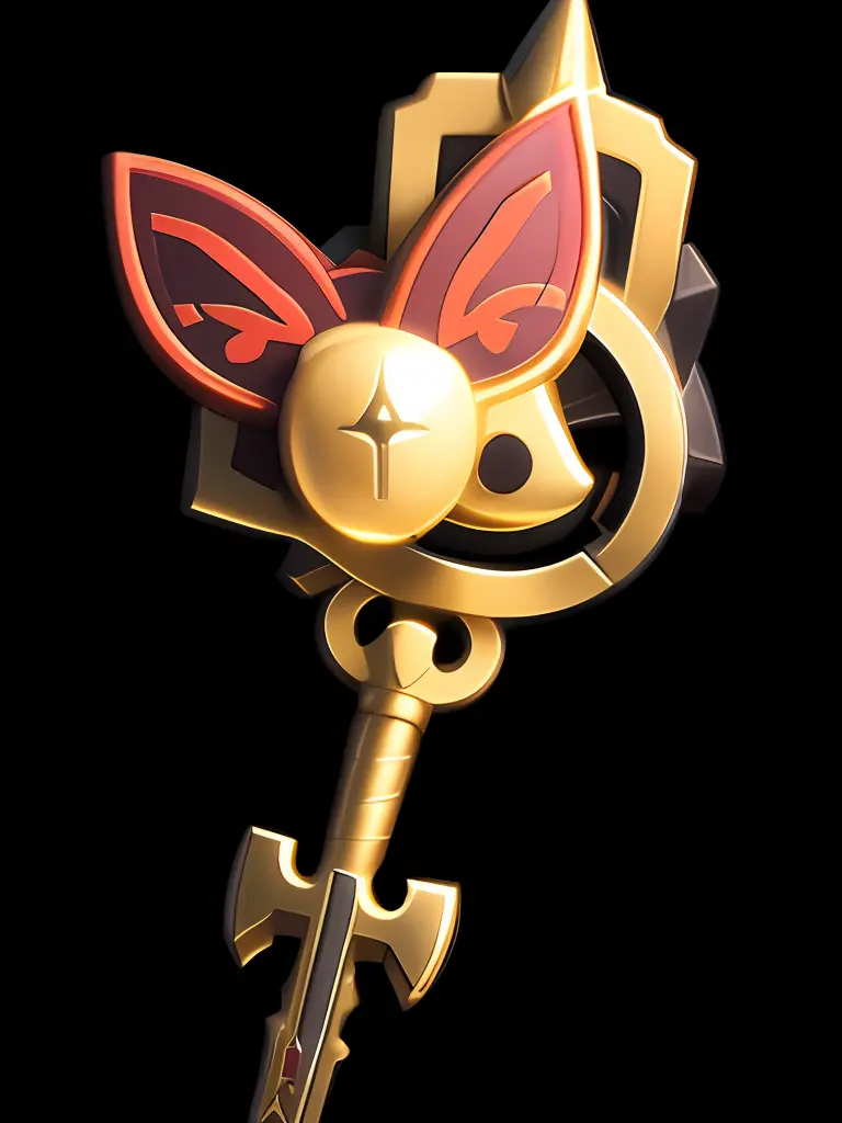 A key,Item icons in 2D games like Zelda,There are two cat ears on it,The style of Ilustatian design,In Studio Ghibli style,bunnycore,Use pastel colors,Red,Black and gold,Tilt-Shift,Close-up(CU)