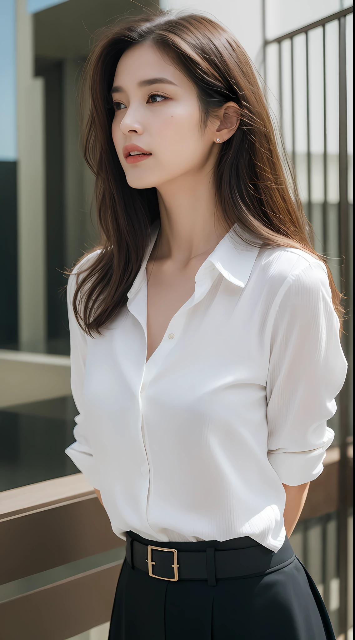 (top quality, high resolution, masterpiece: 1.3), tall and pretty woman, slender abs, dark brown hair styled with loose waves, chest, wearing pendant, white button-up shirt, belt, black skirt, (modern architecture in background), exquisitely rendered details on face and skin texture, detailed eyes, double eyelids, no bra, shirt fitted to bare skin, from above