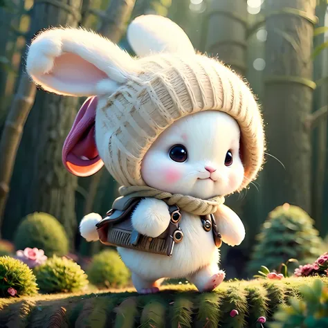 cute chibi bunny, forest background, rabbit, chibi, cute, avatar bunny, walking