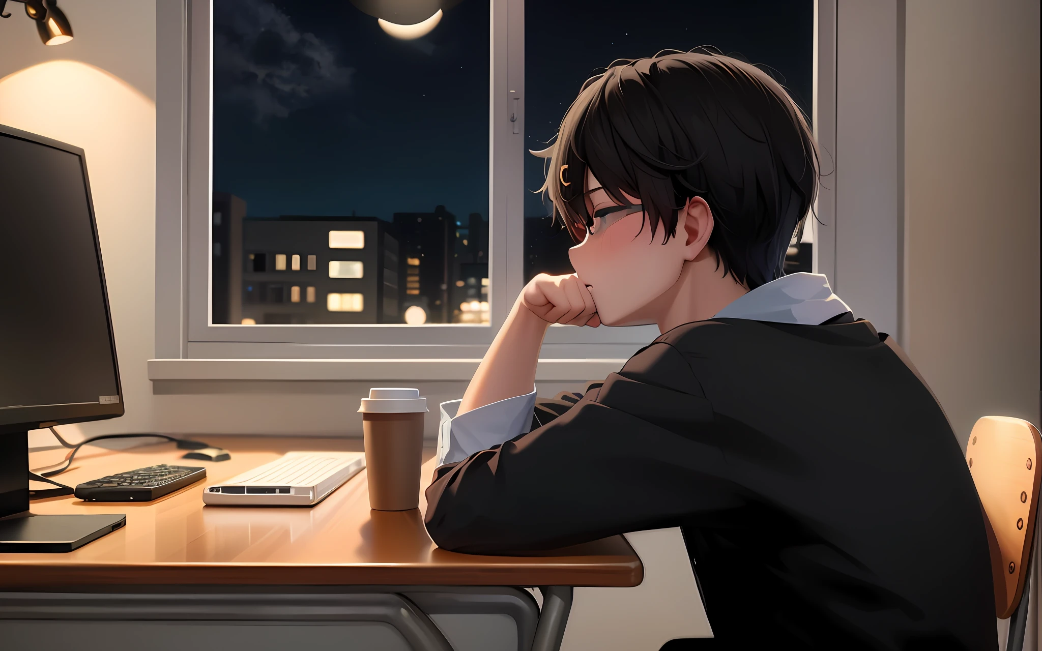 Anime boy sitting at desk arranging music，Wearing black-framed glasses，Computer and a cup of coffee，Anime art wallpaper 8k，4k anime wallpapers，Smooth anime CG art，Digital anime illustration，Shinkai sincerely。A digital rendering，style of anime4 K，Anime art wallpaper 4k，Anime art wallpaper 4 K，Anime wallpaper 4K，Anime wallpaper 4 k，anime big breast。gentlesoftlighting