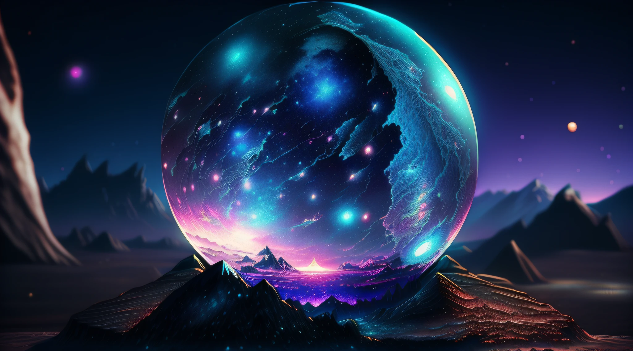 Close-up of a rock crystal ball in the middle of a mountain, Fantasy Planet, Astral background, large planets in the background, 3d render beeple, planets and stars, Space Backround, Glowing sphere, Starfield Background, endless cosmos in the background, beautiful space star planet, on a galaxy looking background, magical background