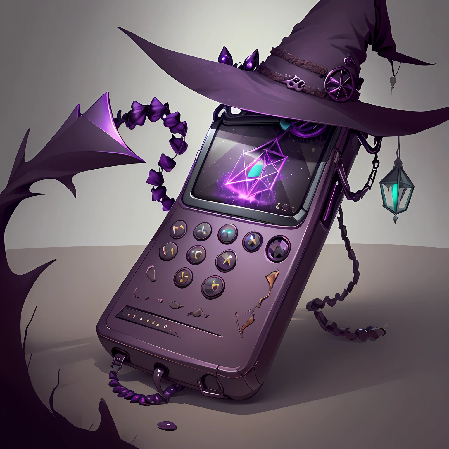 Purple cell phone with a witch hat and a chain around it - SeaArt AI