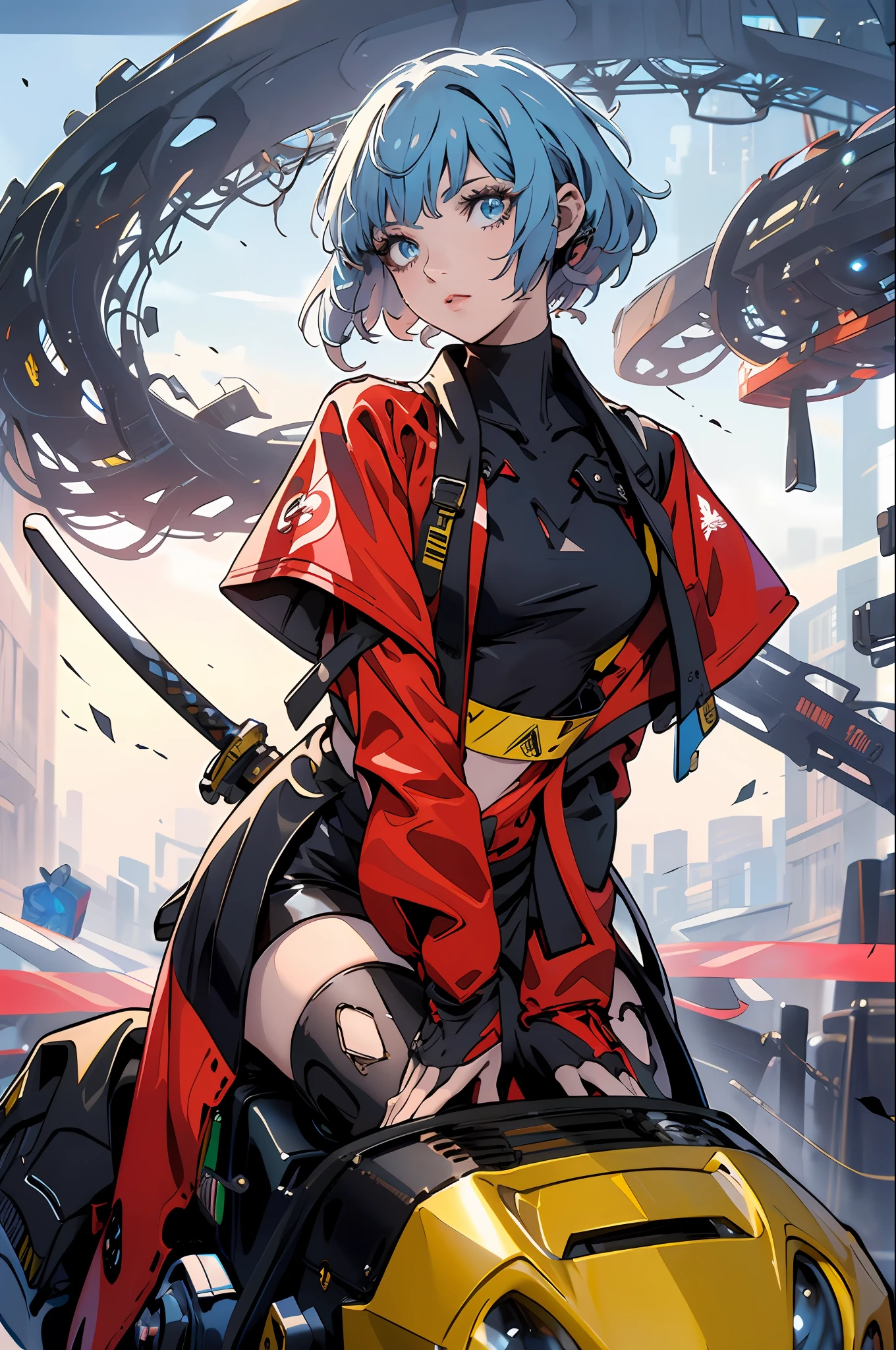 (best qualityer, Masterpiece artwork:1.2) | eye detailed:1.2 1 woman ,wearing an eye patch (dinamic angle, ass pov, muka, long hair) choker, chemise, holding a katana, open sweatshirt, finely detailled, Masterpiece artwork