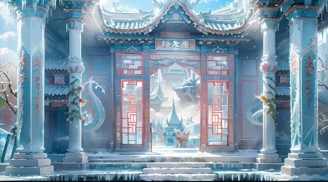 A magical world, (((transparent building)))，(Floating in the sky：1.5)，(White clouds on the ground:1.5)，(((Crystal tiles)))，(((crystal column)))，（（（Crystal wall）））(((The pillars are carved with Chinese dragons)))，Nice colorful light decoration, (icey)，(Froz...