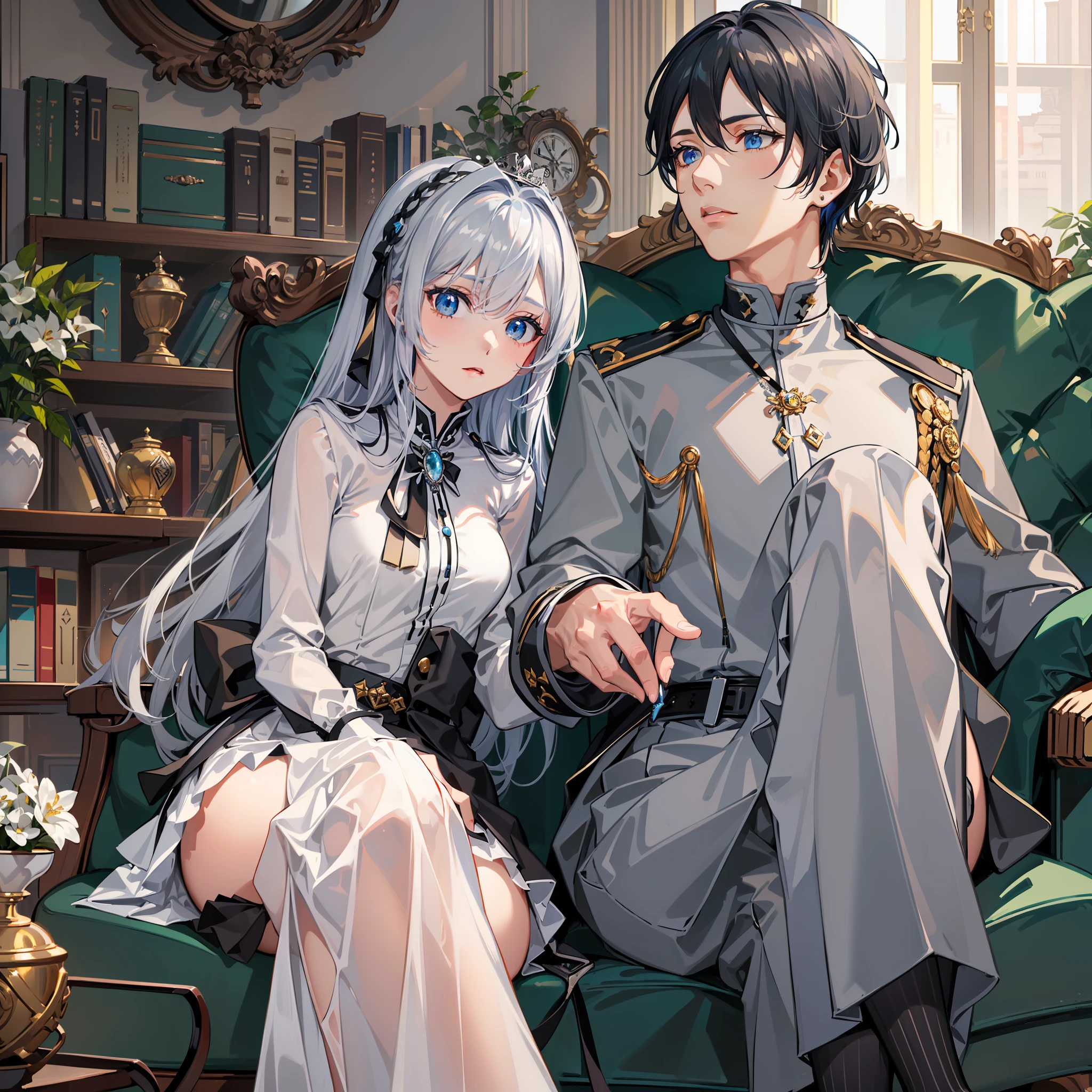 a man with black hair and woman with silver hair sitting on a elegant sofa, ((1 man, (black haired male), handsome, blue eyes, long pants)), ((1 woman, (silver hair female), blue eyes, beautiful, flat breast, long sleeve uniform, medium skirt)), ((magic academy uniform)), magic academy, ((library)), green blueish uniform, wearing magic academy uniform, detailed hand, chess board, table chess, pieces of chess, 8k, HD, masterpiece, detailed accessories, king and queen, detailed face, soft lighting, morning, mesmerizing sunlight