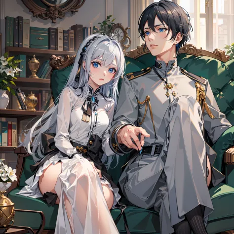 a man with black hair and woman with silver hair sitting on a elegant sofa, ((1 man, (black haired male), handsome, blue eyes, l...