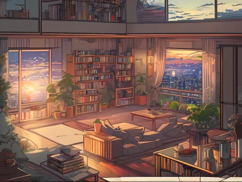 masterpiece, hestyle inside view of living room at evening, anime style