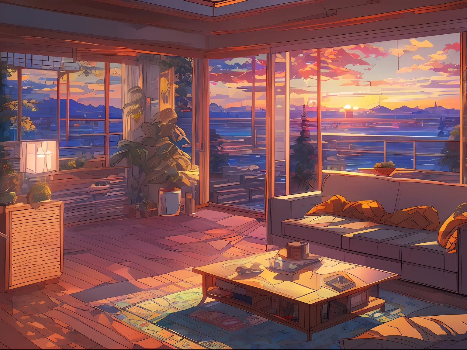 obra de arte, hestyle vista interna da sala de estar à noite, estilo anime