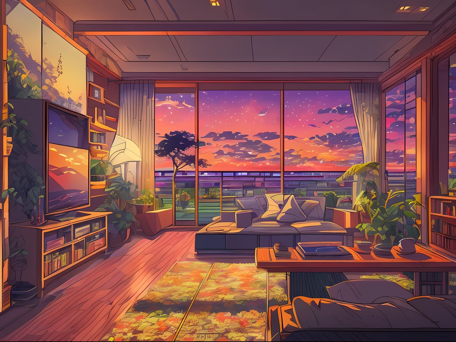 masterpiece, hestyle inside view of living room at evening, anime style