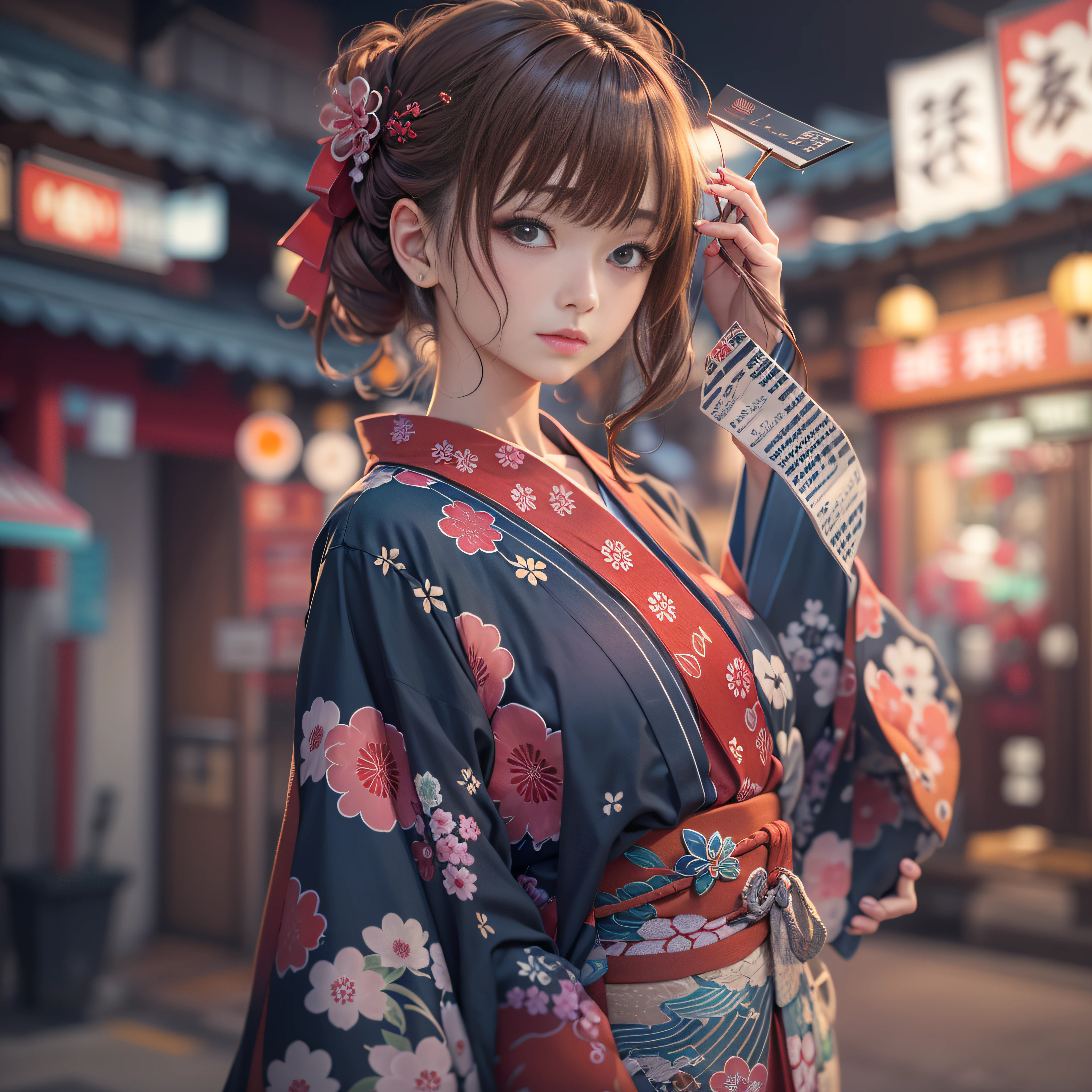 (8K、top-quality、masterpies:1.2)、Color Grading Video、Back lighting、Brown hair、Brown hair gathered、Tied up brown hair、26 year old beauty with half Chinese Japan in beautiful red patterned yukata、walk、1girl in、Streets of Tokyo、Summer evening、A city scape、Uchiwa、Fans、Brown hair that looks good in a yukata、F1.8、The upper part of the body、a closeup、8K、Raw photography、top-quality、​masterpiece、realisitic、Photorealsitic、