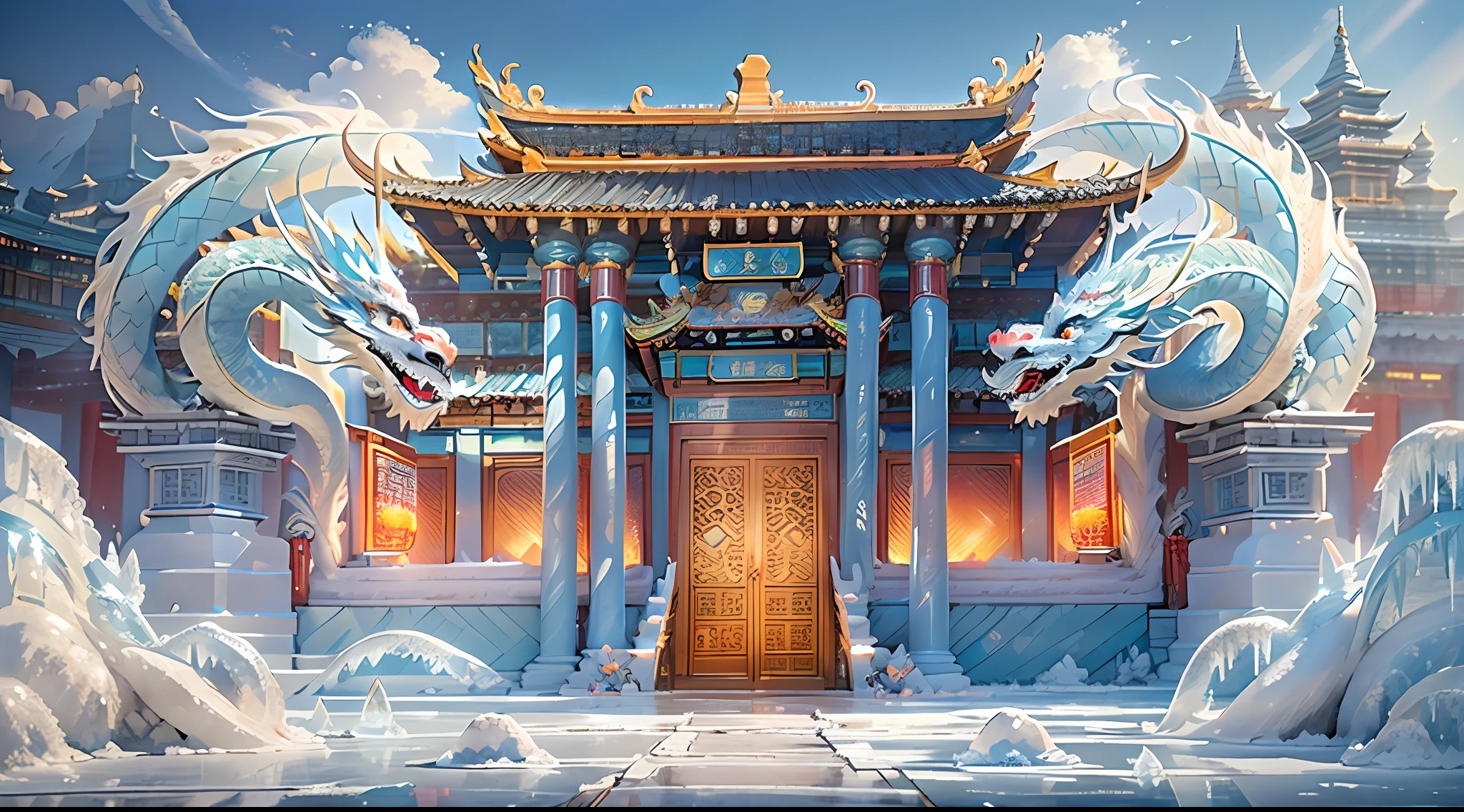A magical world, (((transparent building)))，(Floating in the sky：1.5)，(White clouds on the ground:1.5)，(((Crystal tiles)))，(((crystal column)))，（（（Crystal wall）））(((The pillars are carved with Chinese dragons)))，Nice colorful light decoration, (icey)，(Frozen Palace:1.5)，best qualtiy，tmasterpiece, 8k Octane Rendering, Photorealistic, Cinematic lighting, detailed building, The art of detail carving，Chinese Ancient Architecture，