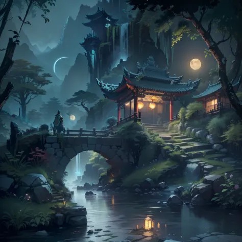 Ancient Chinese architecture, cool colors, dark night, moon, garden, bamboo, lake, stone bridge, rockery, arch, corner, tree, running water, landscape, outdoor, waterfall, grass, rock, dense fog, (Illustration: 1.0) , Epic Composition, HD Details, Masterpi...