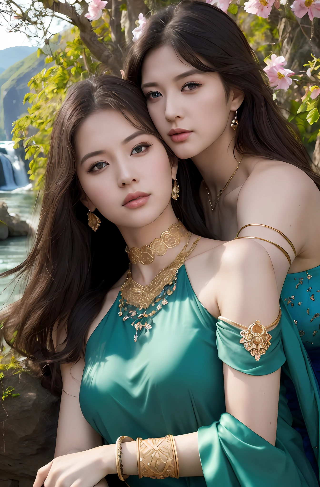 2girls,duo,8K Raw photograph,Ultra-high resolution, filmgrain, filmg,view the viewer, Natural skin texture,Realistic eye and face details,((Realistic:1.5)),ulzzang-6500:1.4,((Best quality)), ((Masterpiece)),((Detailed)),{2 beautiful women}, (Upper body:1.3),Hug and touch each other, Tease your friend's waist, Breathless friends, Biting a friend's earlobe, crouched,super wide shot,Face focus, Long legs,Curvy, Barefoot,Wide hips, Thin legs, Oversized eyes,Long eyelashes, (Detailed face,beautidful eyes, detailedpupils,detailed clothes features, Clear background:1.3), (armlets, bangle:1.3), Mysterious ancient ruins, lush forest, Deep canyon,bridge,River,cliff,Cloud,lakes,Rock music,waterfalls, Flowers, grass,grape trees,tree,bright detail,Sharp,Perfect compounding, Intricate, Sharp focus, Dramatic,