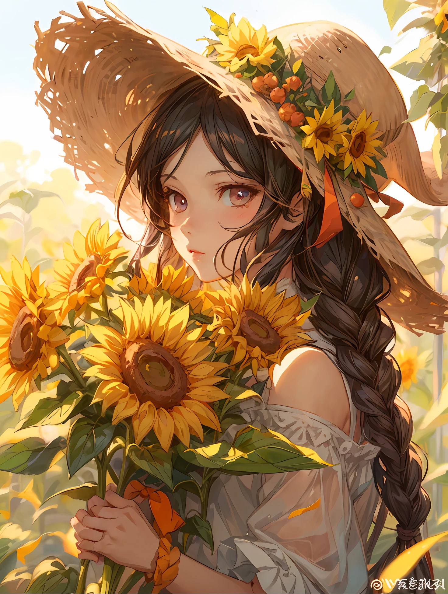 anime girl with sunflowers in her hair and a straw hat, beautiful sunflower anime girl, artwork in the style of guweiz, artgerm and atey ghailan, guweiz, by Yang J, kawacy, clean detailed anime art, detailed digital anime art, guweiz on pixiv artstation, trending on artstation pixiv
