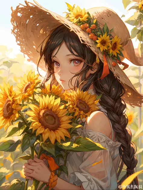 anime girl with sunflowers in her hair and a straw hat, beautiful sunflower anime girl, artwork in the style of guweiz, artgerm ...