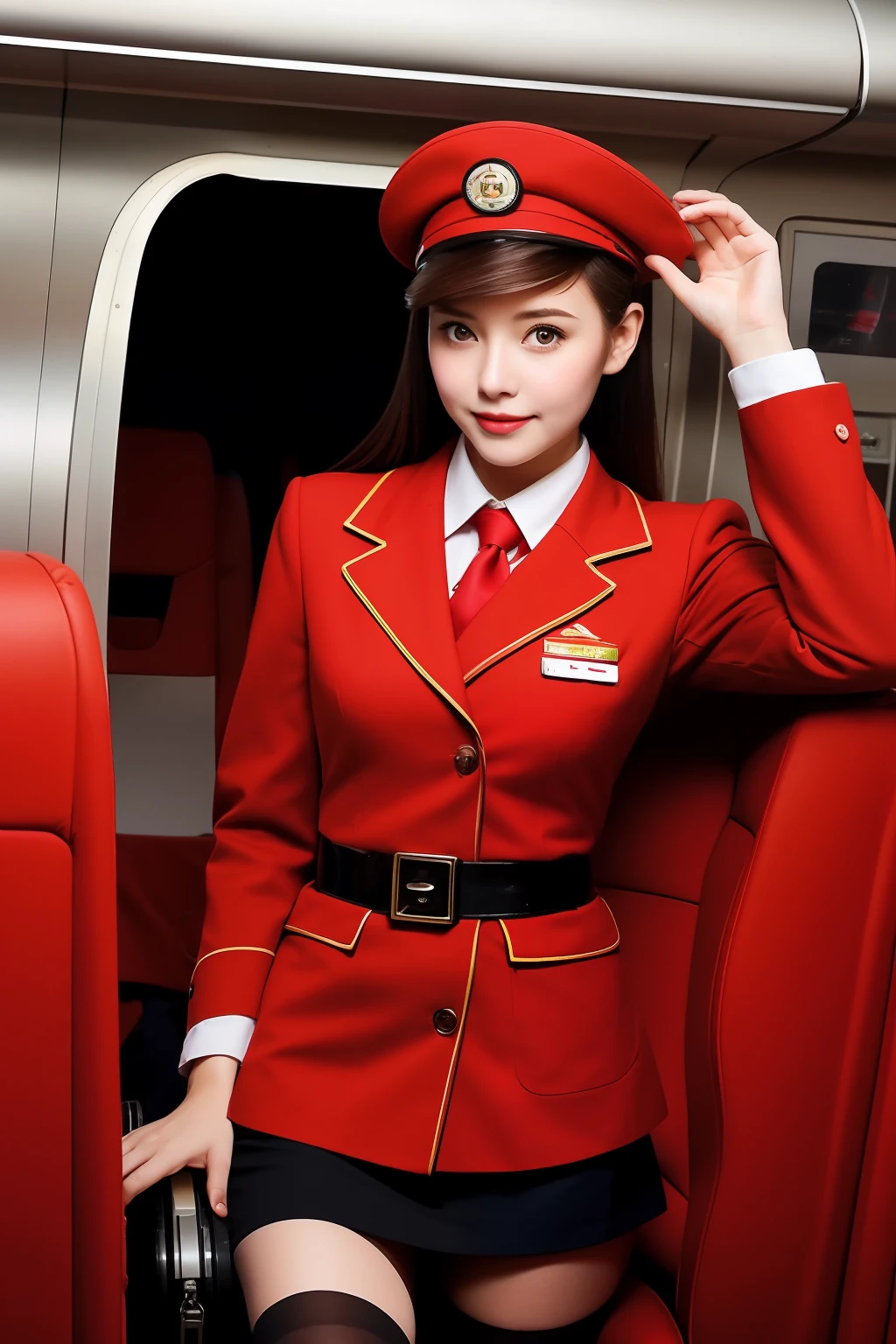 (Best quality: 1.1), (Realistic: 1.1), (Photography: 1.1), (highly details: 1.1), (1womanl), airline stewardess,red coat,short skirt,black lence stockings,bent down,mix4,in plan,In the plane,Hat