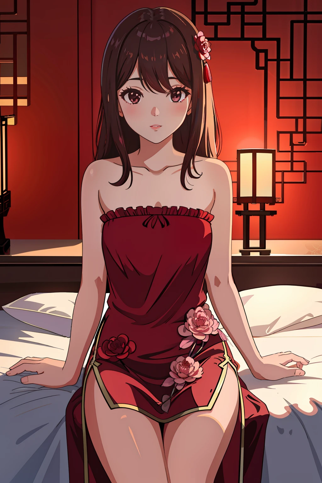 Pubic area is clear，4k wallpaper，HighestQuali，1 teenage girl，brunette color hair，Black eyes，Burgundy silk nightdress（Peony flower pattern），Reallightandshadow，Warm lighting，Chinese style bedroom，Traditional red silk bedding