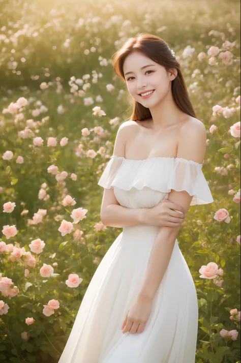 Best quality, masterpiece, ultra high res, (photorealistic:1.4), raw photo, 1girl, white dress, off shoulder, blossom rose flowe...