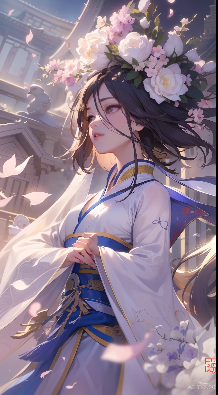 NSFW, Super High Quality, Masterpiece, Perfect Illustration, Extreme Details (Delicate Light and Shadow, Highly Dramatic Picture,)Zhong Hua, 1 Girl, Solo, Hanfu, Ancient_Chinese_architecture, Flower Field, Flowers, (White Smoke:1.3) (Realistic:1.4), Zen Entanglement, Mandala, Tangled, Official Art, Unity 8k wallpaper, super detailed, beautiful and beautiful, masterpiece, best quality, (Dynamic angle: 1.4), glowing skin, (Floating colorful flashes: 1) The most beautiful chaotic forms, elegant, brutalist design, bright colors, romantic depth of field exotic_dance, half_naked