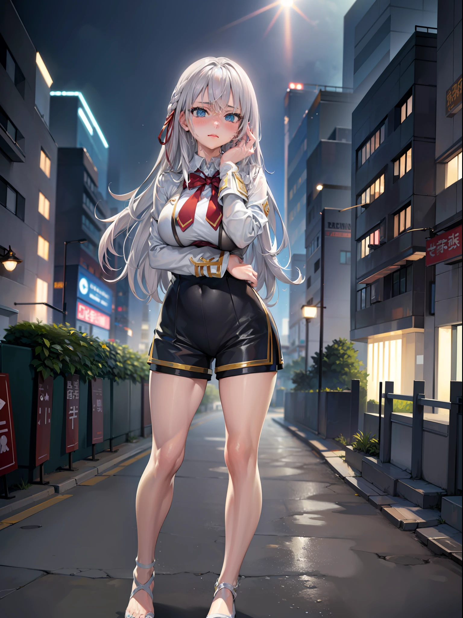 huge breast)),long hair,((silver hair,blue eyes)), daylight, sunlight, (perfect body : 1.0), collar, chain, full body shot, Korean school uniform, ((shorts)),(masterpiece), (best quality:1.0), (ultra highres:1.0), beautiful lighting ,perfect lightning, realistic shadows, [highres], detailed skin, ultra-detailed,arms behind head,anime style,(detailed eyes;1,1),(detailed face,1,2),((pretty face1,2))