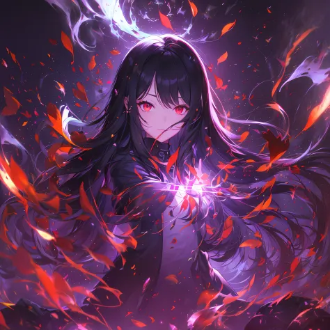 1girl, black hair, red eyes, fire witch, blood, light particles, light rays, wallpaper, high contrast, colorful