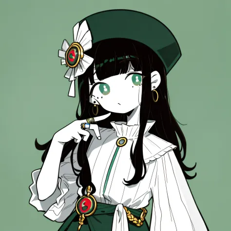 tmasterpiece，Best quality at best，1girl，aqua eyes，Black hair，Keep your mouth shut，耳Nipple Ring，Green background，Hats，Ring earrin...