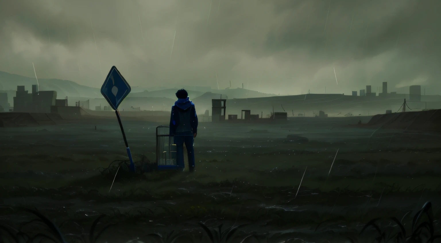 phblue, no humans, landscape, (masterpiece, best quality:1.4), blue theme, Playing Field , small hills, 1boy, raining, cowboy shot, long shot, there is a person standing in a field with a cart, dramatic, stunning moody cinematography, 2 0 2 1 cinematic 4 k, a desolate empty wasteland