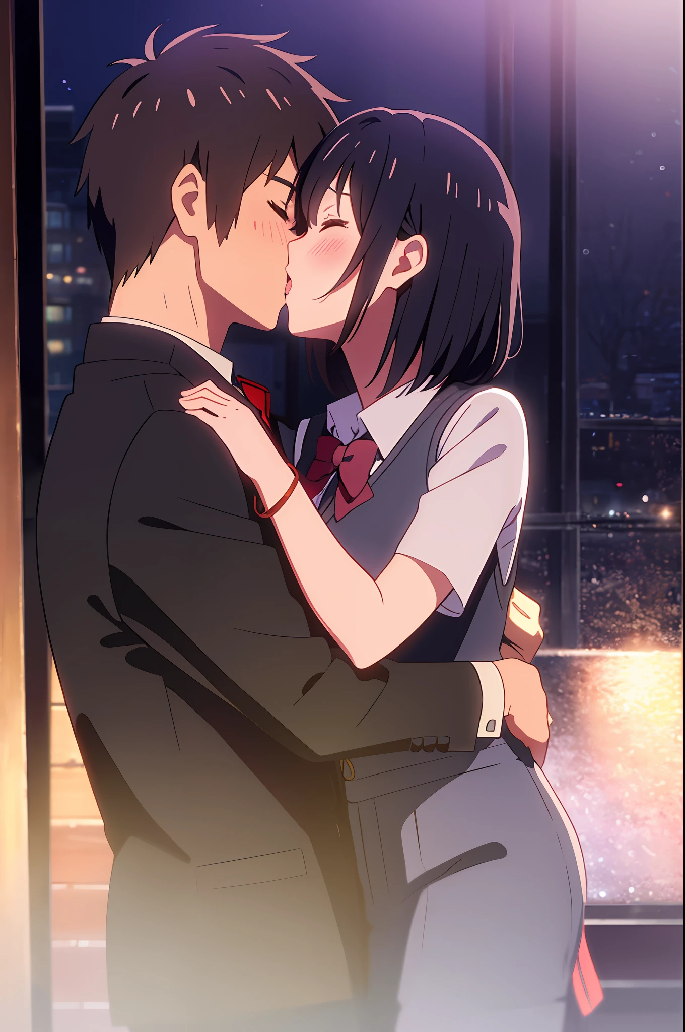 Anime couple kissing in front of a window at night - SeaArt AI