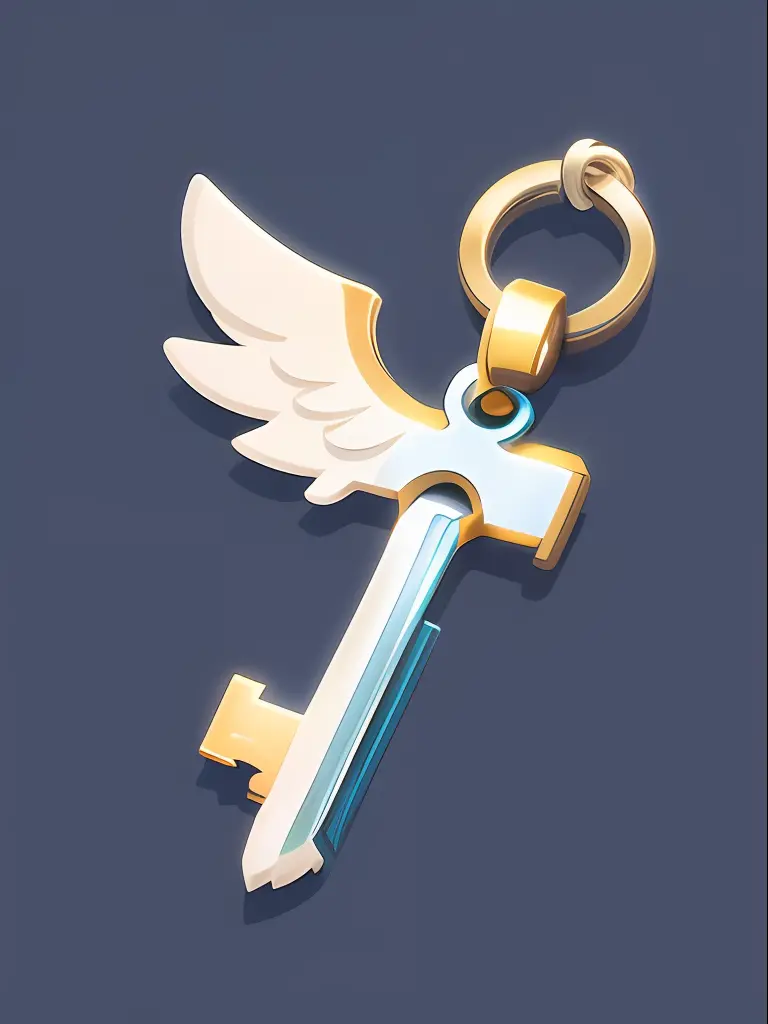 An item icon in a two-dimensional game,the icon is a silver key,a white wing one it ,the key is for high school students,boys,in the style of Ghibli Studio style,simple minimalism,use of soft colors,white,light yellow and light navy,tilt-shift,close-Up(CU)...