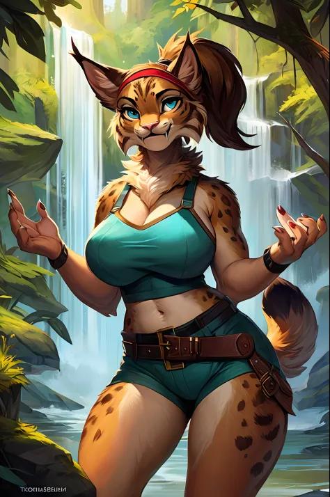 nsfw, uploaded on e621, by Pixelsketcher, by Bayard Wu, by Thomas Benjamin Kennington , by Einshelm, (realistic:1.2),  real life, shadow, jade the bobcat, lynx, female, furry anthro, cat ears, red headband, pink nose, (detailed clear aqua eyes),  fangs, be...