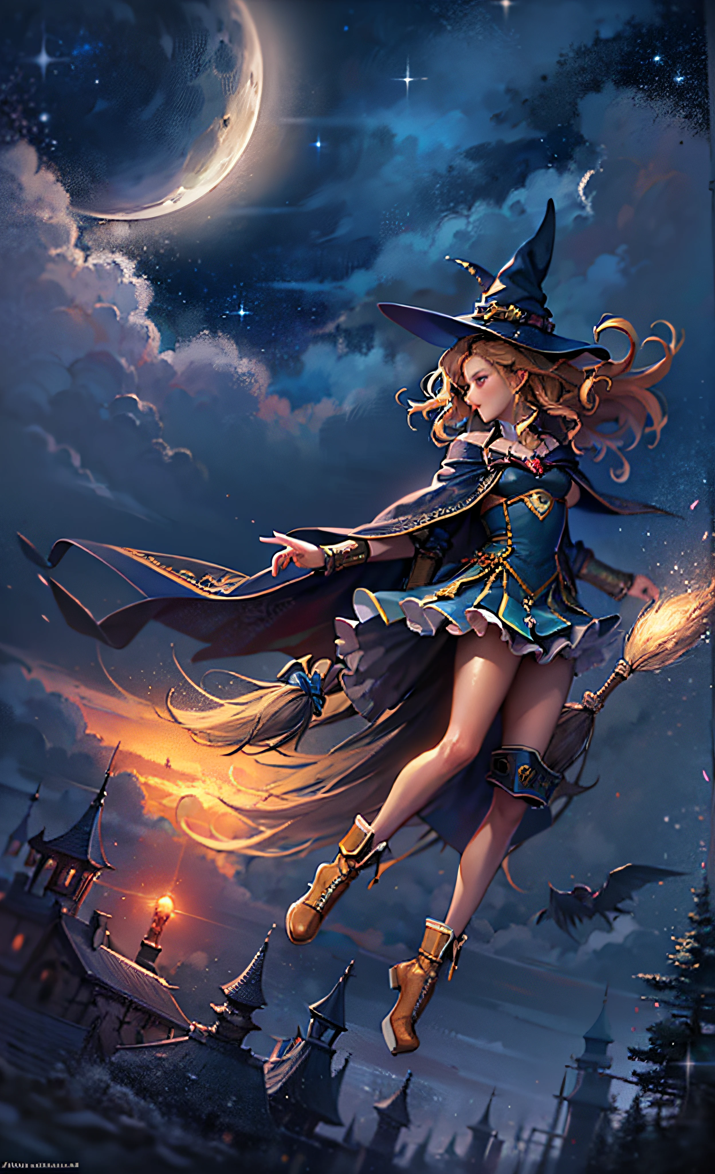 masterpiece, best quality, ultra-detailed, illustration, 1girl, solo, fantasy, flying, broom, night sky, outdoors, magic, spells, moon, stars, clouds, wind, hair, cape, hat, boots, broomstick, glowing, mysterious, enchanting, whimsical, playful, adventurous, freedom, wonder, imagination, determination, skill, speed, movement, energy, realism, naturalistic, figurative, representational, beauty, fantasy culture, mythology, fairy tales, folklore, legends, witches, wizards, magical creatures, fantasy worlds, composition, scale, foreground, middle ground, background, perspective, light, color, texture, detail, beauty, wonder.