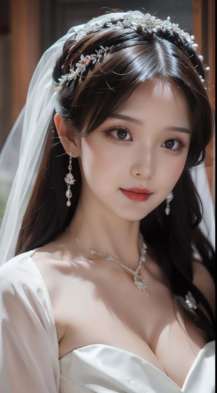 Beautiful bride, red wedding dress, delicate facial features close-up, shy, waiting to be married, fat body, full body photo, gentle eyes, no eye bags, light makeup