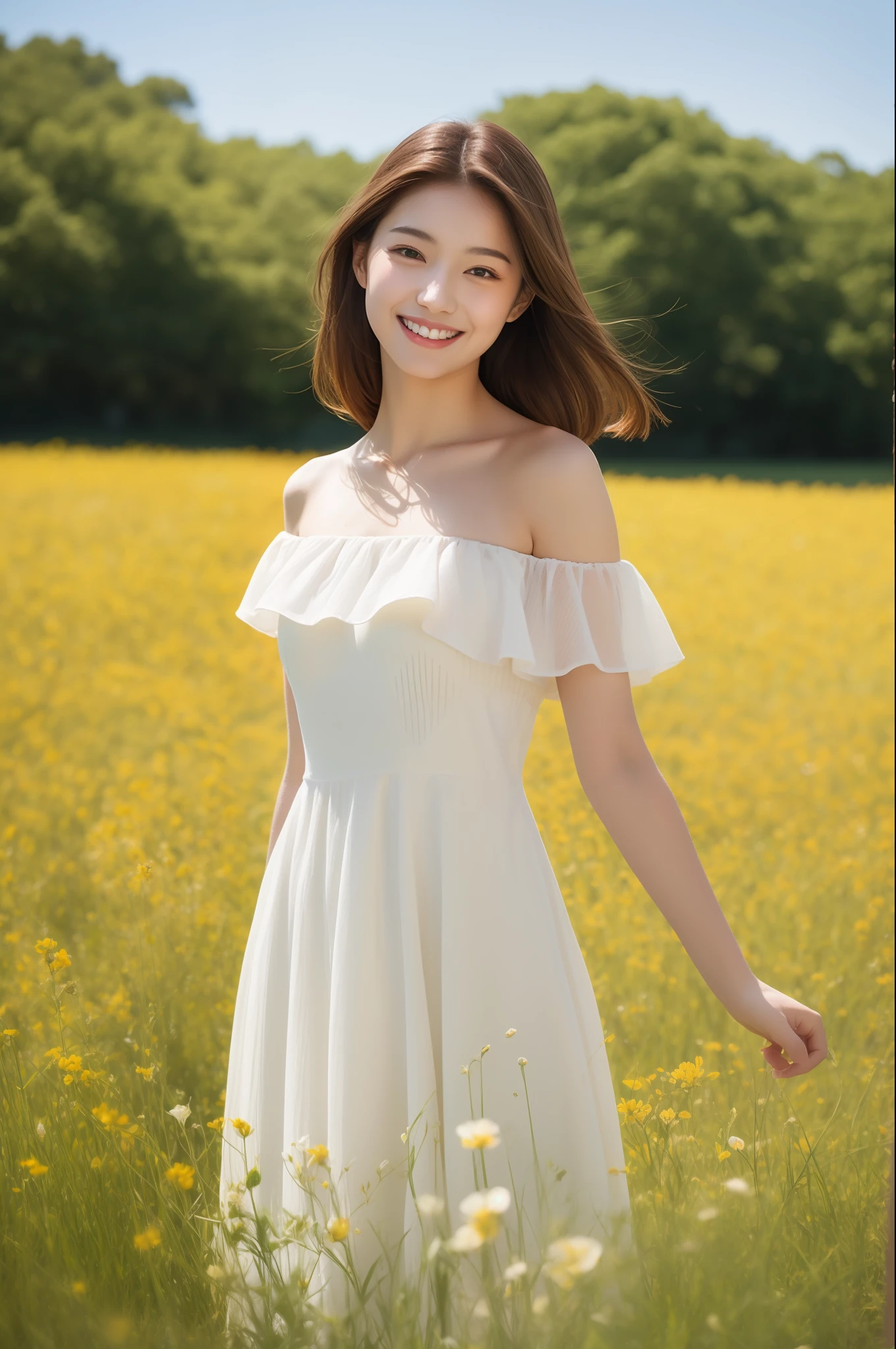 Best quality, masterpiece, ultra high res, (photorealistic:1.4), raw photo, 1girl, white dress, off shoulder, blossom violet flower field, glowing skin, light smile