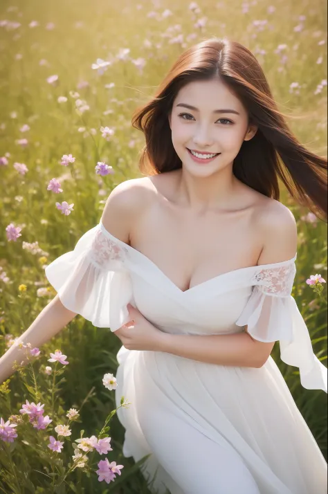Best quality, masterpiece, ultra high res, (photorealistic:1.4), raw photo, 1girl, white dress, off shoulder, blossom violet flo...