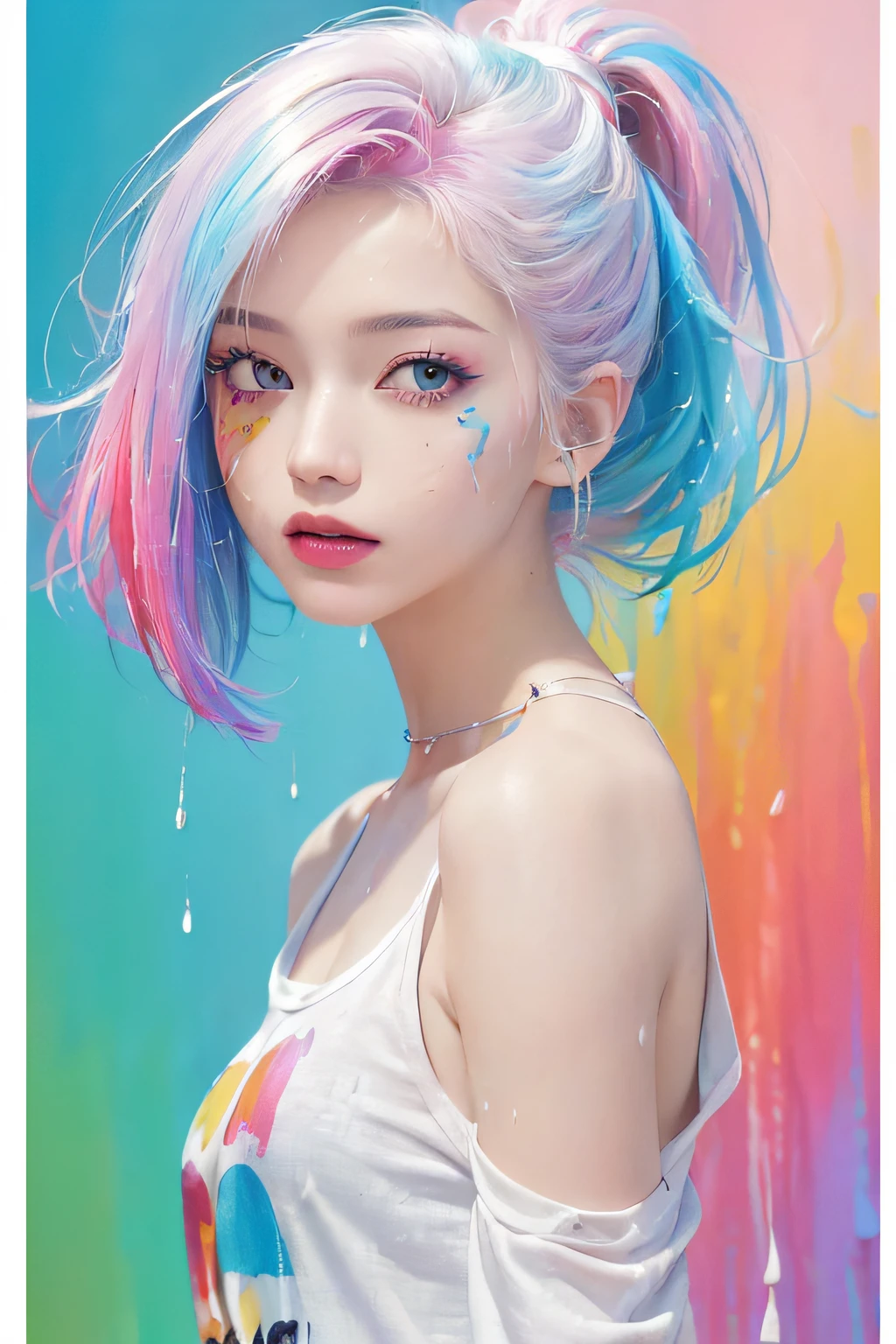 （Pink Fashion T-shirt：1.9），(Colorful hair: 1.8), (all the colours of the rainbow: 1.8),(((((vertical painting：1.6))), （painting：1.6），front, comics, illustrations, paintings, large eyes, crystal clear eyes,（ rainbow color gradient high ponytail：1.7）, exquisite makeup, closed mouth,(Small Fresh: 1.5),(Wipe Chest: 1.6) ，long eyelashes, white off shoulder T-shirt,  White Shoulder Shirt，looking at the audience, large watery eyes, (rainbow colored hair：1.6), color splash, （solo：1.8）, color splash, color explosion, thick paint style, messy lines, ((shining))，(colorful), (colorful), (colorful), colorful, Thick Paint Style, (Splash) (Color Splash), Vertical Painting, Upper Body, Paint Splash, Acrylic Pigment, Gradient, Paint, Highest Image Quality, Highest Quality, Masterpiece, Solo, Depth of Field, Face Paint,  colorful clothes, (Elegant: 1.2), gorgeous,long hair, wind, (Elegant: 1.3), (Petals: 1.4)，(((masterpiece))),(((best quality))),((ultra-detailed)),(illustration),(dynamic angle),((floating)),(paint),((disheveled hair)),(solo),(1girl) , (((detailed anima face))),((beautiful detailed face)),collar,bare shoulders,white hair, ((colorful hair)),((streaked hair)),beautiful detailed eyes,(Gradient color eyes),(((colorful eyes))),(((colorful background))),(((high saturation))),(((surrounded by colorful splashes))),