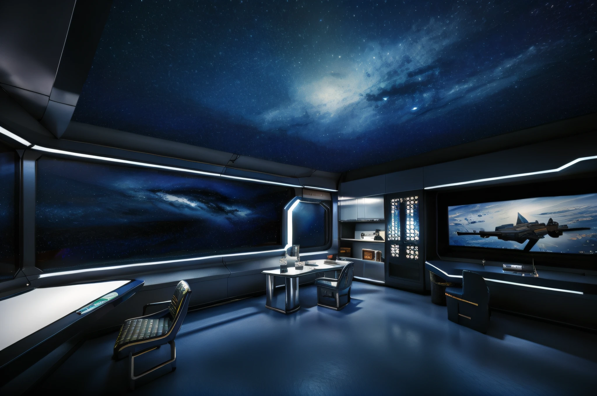 Inside the space station room in the universe，in a panoramic view，wide angles，extreme hight detail，inside in room，Space capsule，Tech panel screens and glass，Outside the glass is a view of the starry sky，a desk，a chair，interior setting，metal floor，janelas，dining room，metal gate，lamplight。