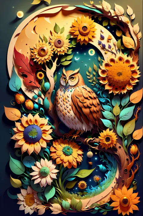 (((masterpiece))),bestquality,illustration,beautifuldetailedglow,
paper_cut, big owl, tree, moon, sunflowers, tree leaves