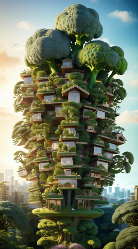 there is a house in the middle of a giant broccoli， , tree town, animated movies, hentail realism, highly detailed surreal vfx, ...