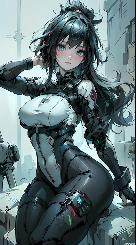 ((best qualtiy)), ((tmasterpiece)), (the detail:1.4), 3D, Delicate big eyes，frontage，Spread your legs，Detailed face，long eyelasher，Tight clothes，Details of large black pupils，with short black hair，Bigboobs，oversized boobs，A beautiful cyberpunk female image...