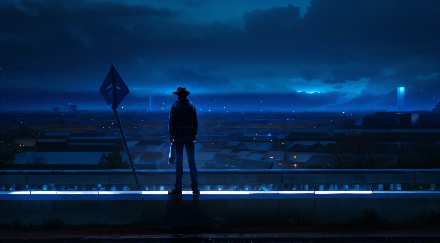 phblue, scenery, no humans, landscape, (masterpiece,best quality:1.4), blue theme, city, dusk, 1boy, rain,cowboy shot, close up,