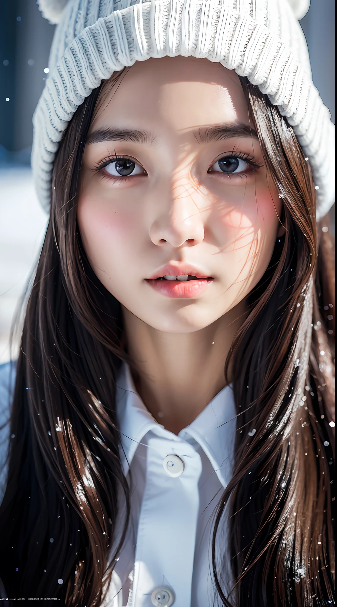 ulzzang-6500-v1.1, (raw photo:1.2), (photorealistic:1.4), beautiful detailed girl, very detailed eyes and face, beautiful detailed eyes, ridiculous, incredibly ridiculous, huge file size, super detailed, high resolution, very detailed, best quality, masterpiece, kemomimi, ((Japanese girls' the Winterswear and Beanie)), illustration, very detailed, CG, unified, 8k wallpaper, amazing, Fine details, masterpiece, best quality, very detailed CG uniform 8k wallpaper, light on face, cinematic lighting, 1girl, 16 years old, ((dynamic pose)), winter  background with snow,