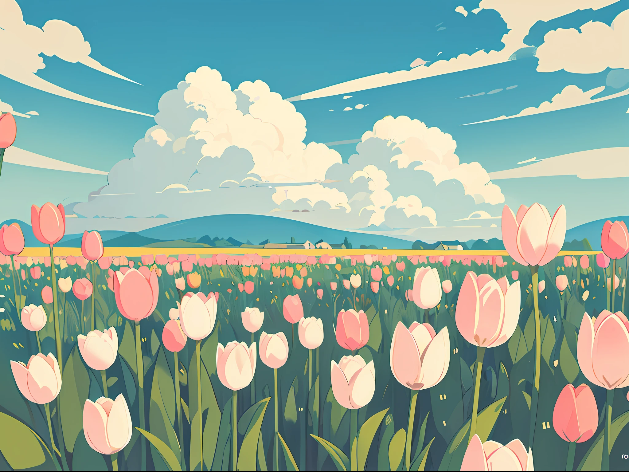 Slight vintage color,planar,,RISO print style,illustration,adolable,Leave white space,low-saturation,Lots of tulips，Cartoon bunny，A illustration， mostly cloudy sky， Limited color palette，Lovely drawing style， Color guide，Graphic design，Carpet pattern