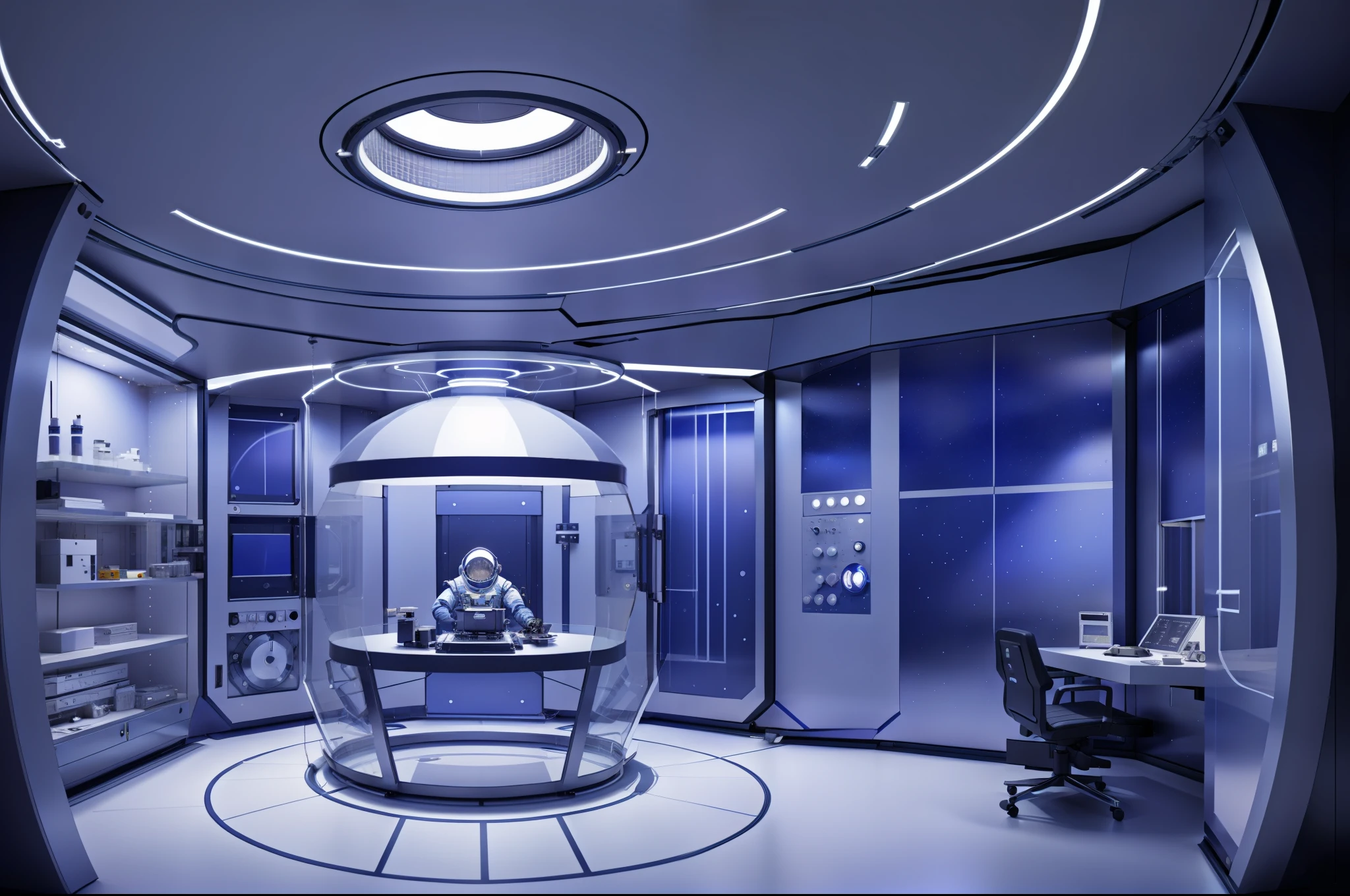 Inside the space station room in space，in a panoramic view，wide angles，extreme hight detail，inside in room，Space capsule，Partial glass skylight，Tech panel screens and glasakina，Sci-fi，conceptual，Reflective，circuit，Cluttered room，a desk，a chair，interior setting，metal floor，janelas，dining room，metal gate，lamplight。